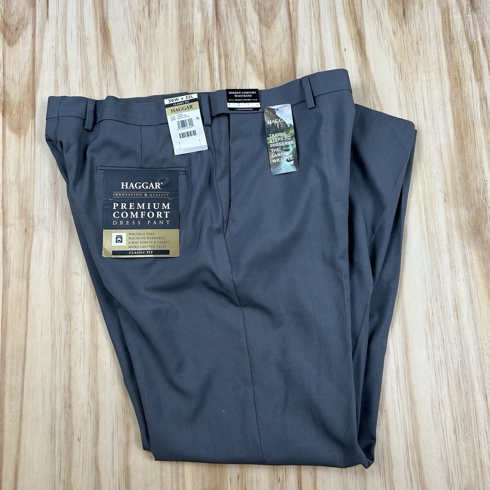Haggar Men's Premium Comfort Dress Pants Classic Fit Gray 36x32 Wrinkle Free Str